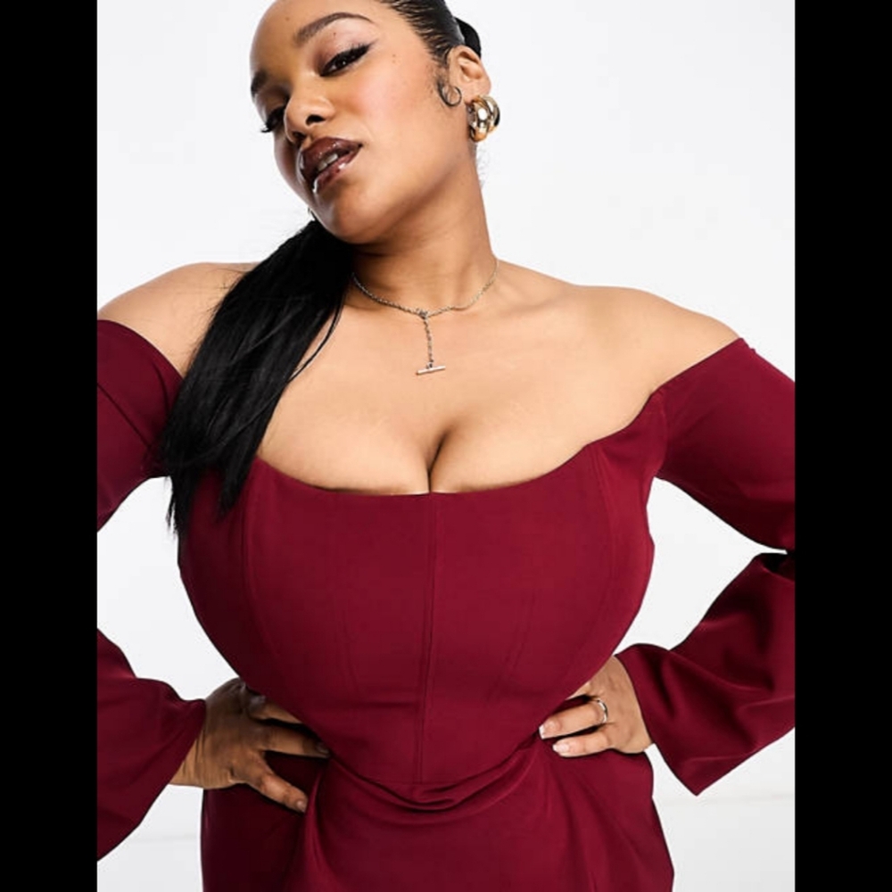 BNWT ASOS DESIGN CURVE EXCLUSIVE BARDOT CORSET DETAIL MIDI DRESS IN WINE - Picture 3 of 15